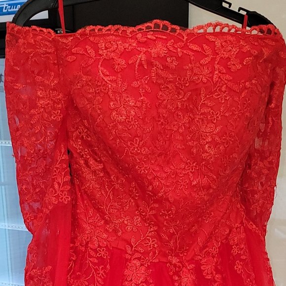 Hebeos Off The Shoulder Red Lace Wedding Dress - Picture 3 of 16